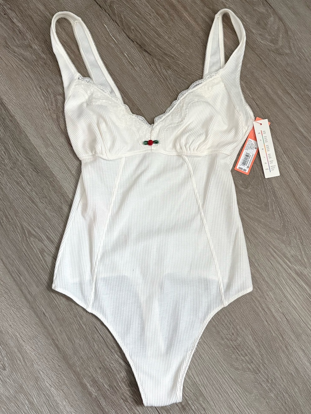 Colsie Target White Ribbed Lace-Trim Bodysuit with Cherry Accent
